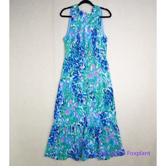 New! SAM EDELMAN  Brushstroke Print Mock Neck Dress - Blue Multi, size 10 - Picture 2 of 16